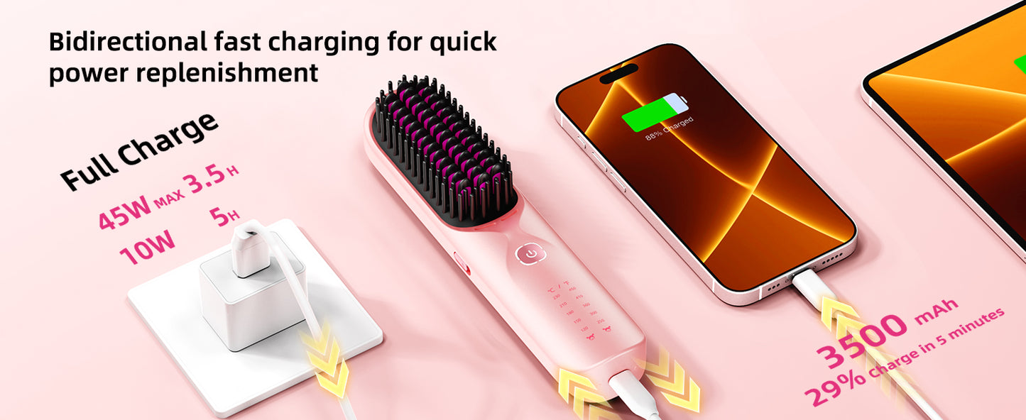 Cordless Hair Straightener Brush 450°F Adjustable Temp 30s Fast Heating 10000mAh Travel Wireless Straightening Comb Adult Kids