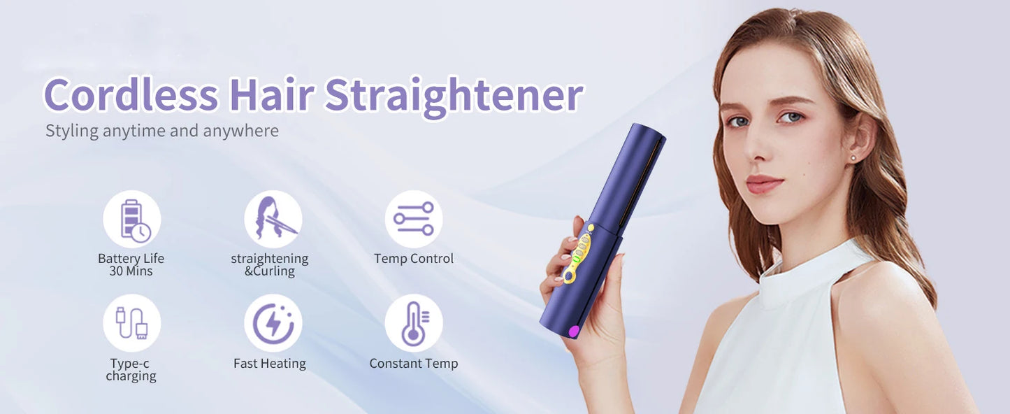 Cordless Hair Straightener Safety Lid Fast Heating Flat Iron Portable Straightener 2 in 1 for Hair Straightening and Curling