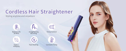 Cordless Hair Straightener Safety Lid Fast Heating Flat Iron Portable Straightener 2 in 1 for Hair Straightening and Curling