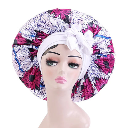 Elastic Band Large Satin Bonnet Sleeping Cap Women African Pattern Ankara Print Hat Adjustable Night Sleep Cap Soft Headcover