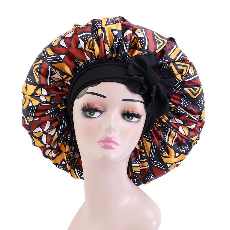 Elastic Band Large Satin Bonnet Sleeping Cap Women African Pattern Ankara Print Hat Adjustable Night Sleep Cap Soft Headcover