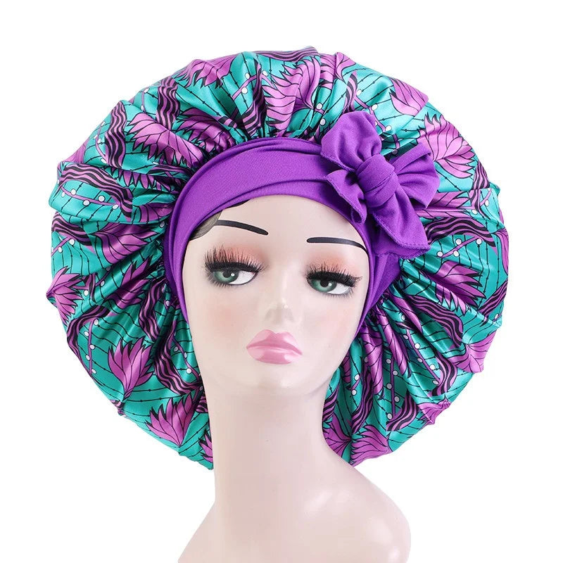 Elastic Band Large Satin Bonnet Sleeping Cap Women African Pattern Ankara Print Hat Adjustable Night Sleep Cap Soft Headcover