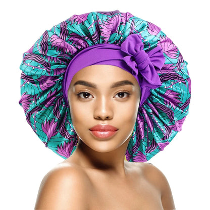 Elastic Band Large Satin Bonnet Sleeping Cap Women African Pattern Ankara Print Hat Adjustable Night Sleep Cap Soft Headcover