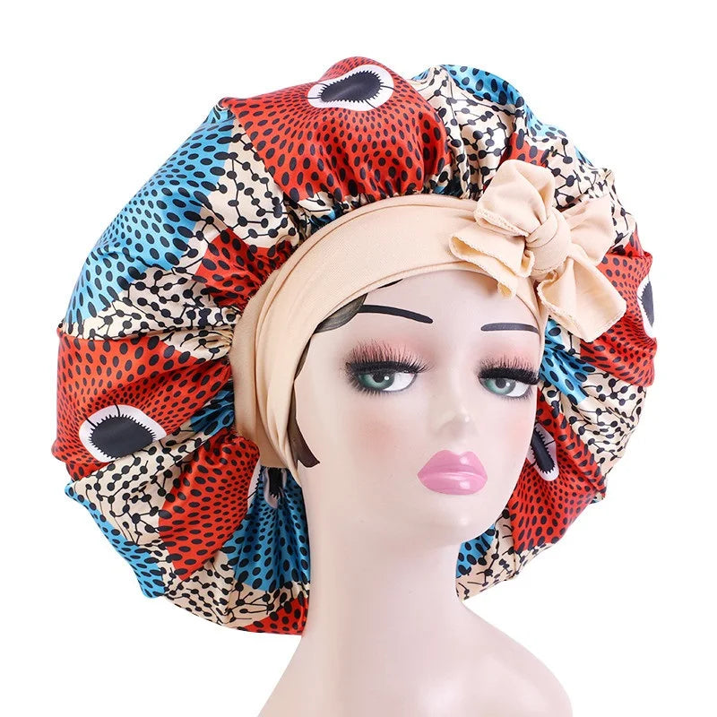Elastic Band Large Satin Bonnet Sleeping Cap Women African Pattern Ankara Print Hat Adjustable Night Sleep Cap Soft Headcover