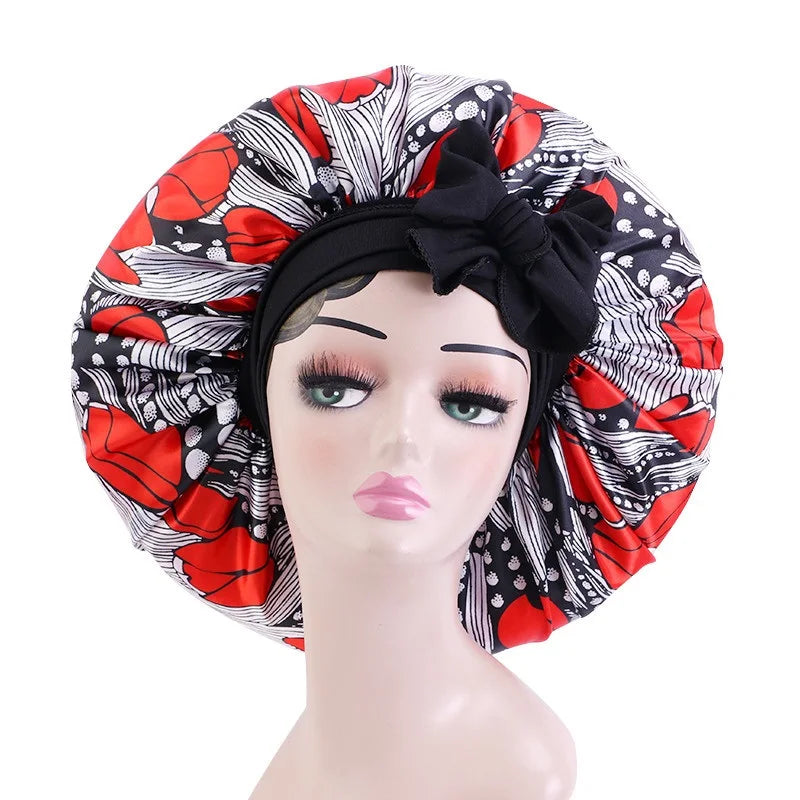 Elastic Band Large Satin Bonnet Sleeping Cap Women African Pattern Ankara Print Hat Adjustable Night Sleep Cap Soft Headcover