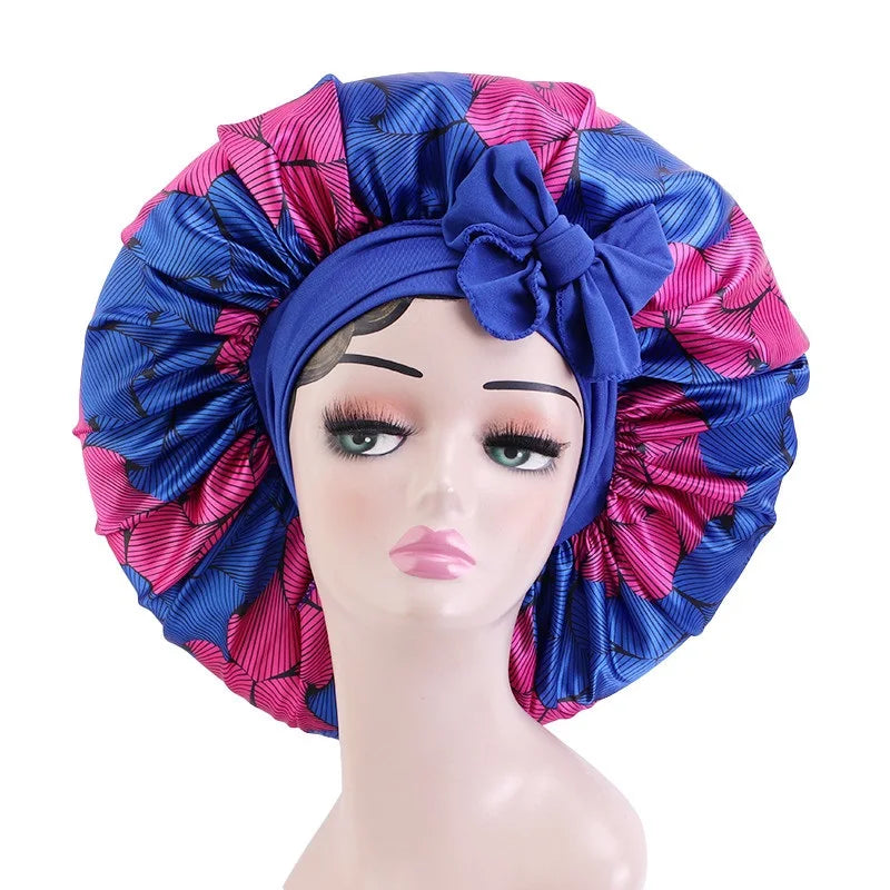 Elastic Band Large Satin Bonnet Sleeping Cap Women African Pattern Ankara Print Hat Adjustable Night Sleep Cap Soft Headcover