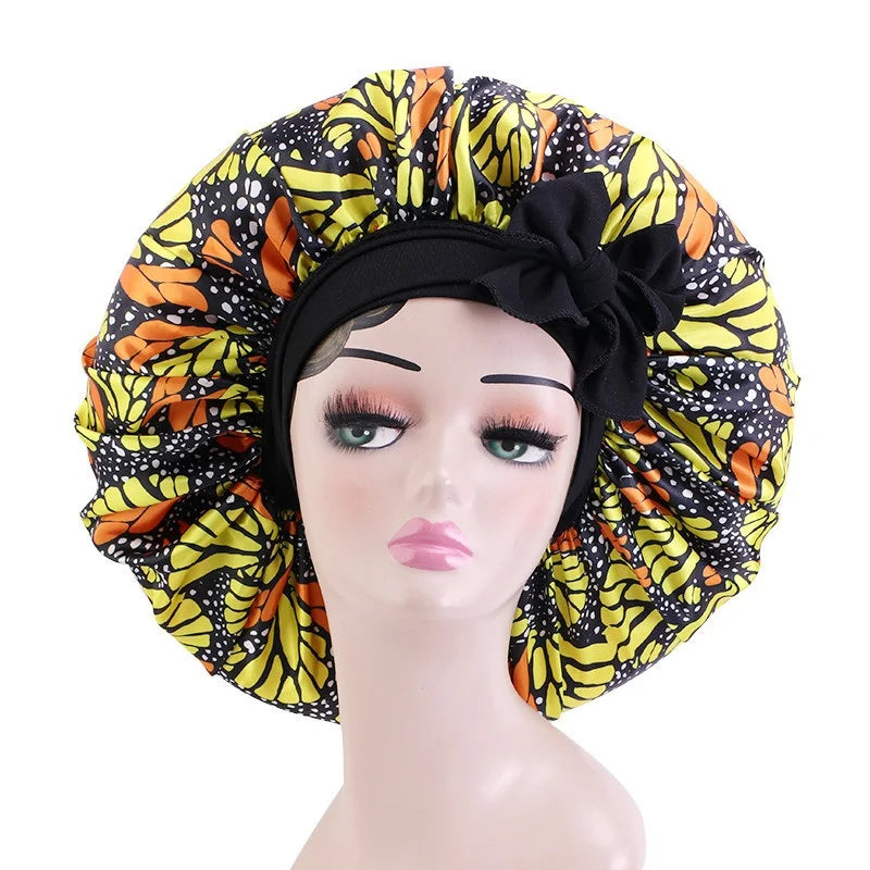 Elastic Band Large Satin Bonnet Sleeping Cap Women African Pattern Ankara Print Hat Adjustable Night Sleep Cap Soft Headcover