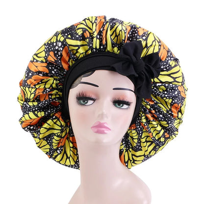 Elastic Band Large Satin Bonnet Sleeping Cap Women African Pattern Ankara Print Hat Adjustable Night Sleep Cap Soft Headcover