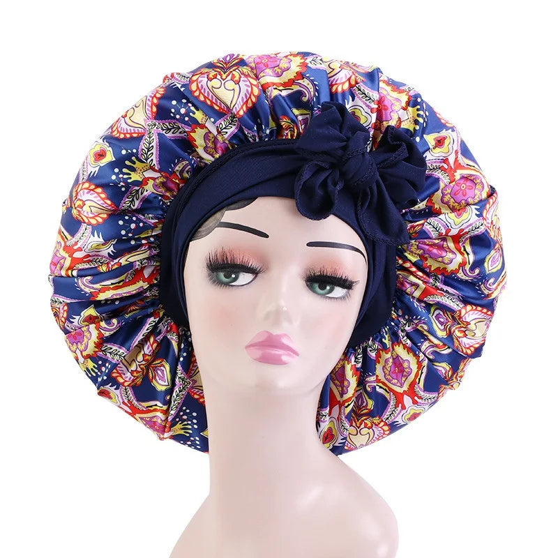 Elastic Band Large Satin Bonnet Sleeping Cap Women African Pattern Ankara Print Hat Adjustable Night Sleep Cap Soft Headcover