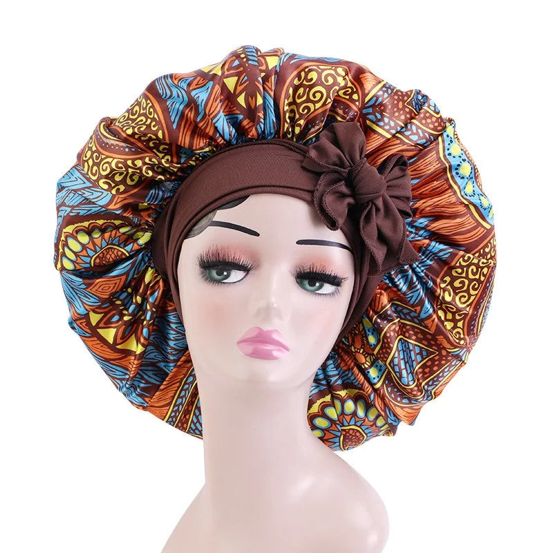 Elastic Band Large Satin Bonnet Sleeping Cap Women African Pattern Ankara Print Hat Adjustable Night Sleep Cap Soft Headcover
