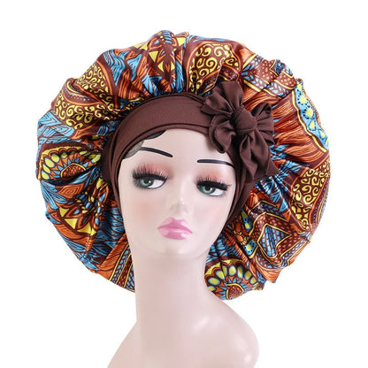 Elastic Band Large Satin Bonnet Sleeping Cap Women African Pattern Ankara Print Hat Adjustable Night Sleep Cap Soft Headcover