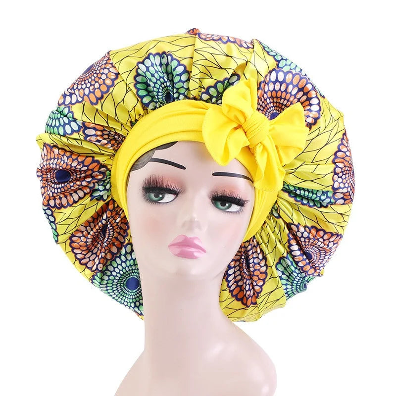 Elastic Band Large Satin Bonnet Sleeping Cap Women African Pattern Ankara Print Hat Adjustable Night Sleep Cap Soft Headcover