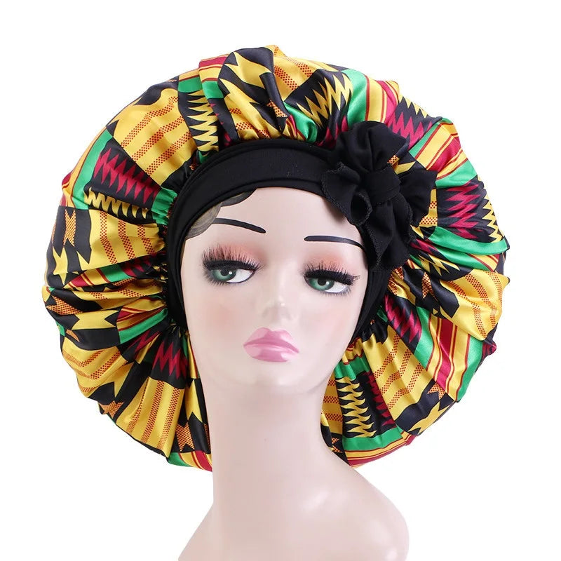 Elastic Band Large Satin Bonnet Sleeping Cap Women African Pattern Ankara Print Hat Adjustable Night Sleep Cap Soft Headcover