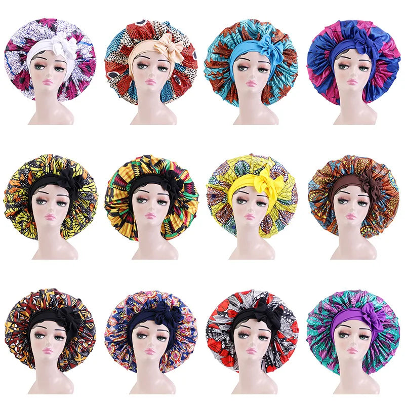 Elastic Band Large Satin Bonnet Sleeping Cap Women African Pattern Ankara Print Hat Adjustable Night Sleep Cap Soft Headcover
