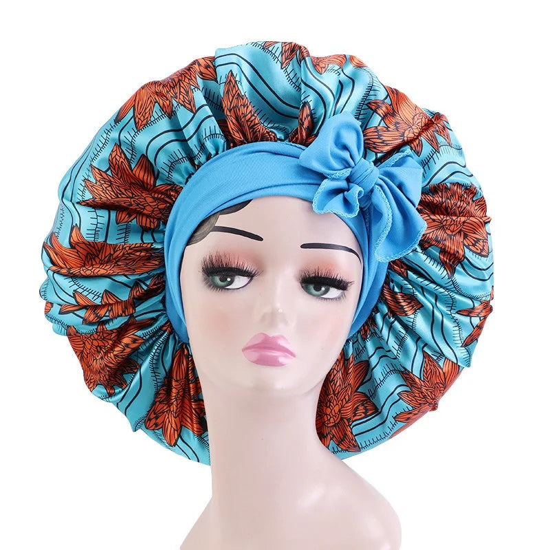 Elastic Band Large Satin Bonnet Sleeping Cap Women African Pattern Ankara Print Hat Adjustable Night Sleep Cap Soft Headcover