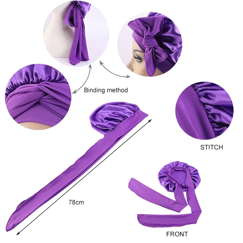 Satin Shower Cap For Women Solid Wide Band Stretch Head Tie Silky Bonnet Edge Wrap Nightcap Hair Care Sleeping Cap Head Cover