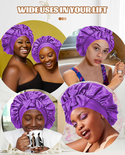 Satin Shower Cap For Women Solid Wide Band Stretch Head Tie Silky Bonnet Edge Wrap Nightcap Hair Care Sleeping Cap Head Cover