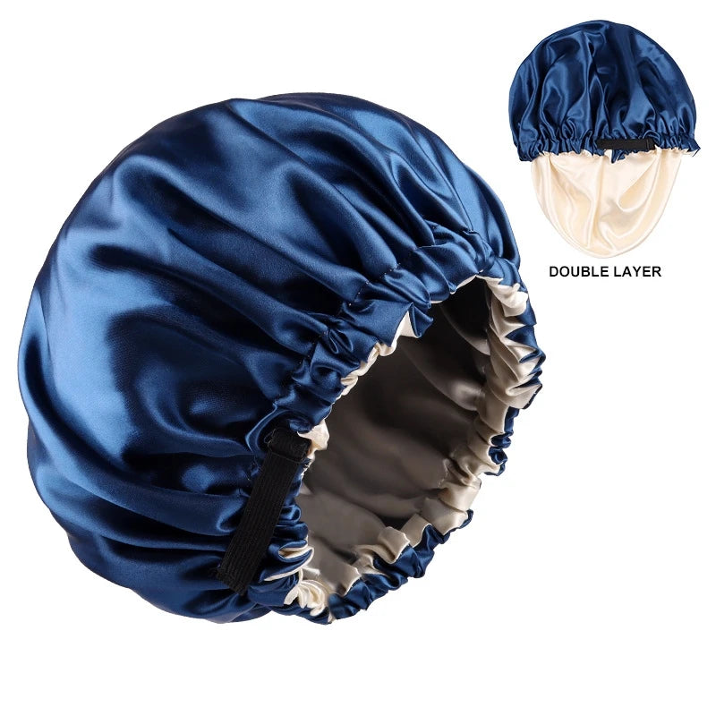 Adjustable Double Layer Satin Bonnet Nightcap Doubleside Women Round Shower Caps Night Sleep Soft Smooth Hat Solid Black Lining