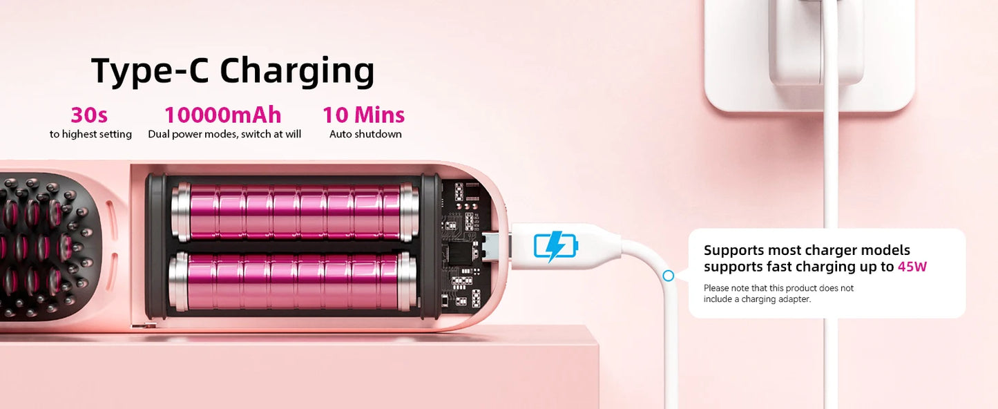 Cordless Hair Straightener Portable Brush 30s Fast Heating 10000mAh Rechargeable 300 Million Negative Ions Straightening Comb