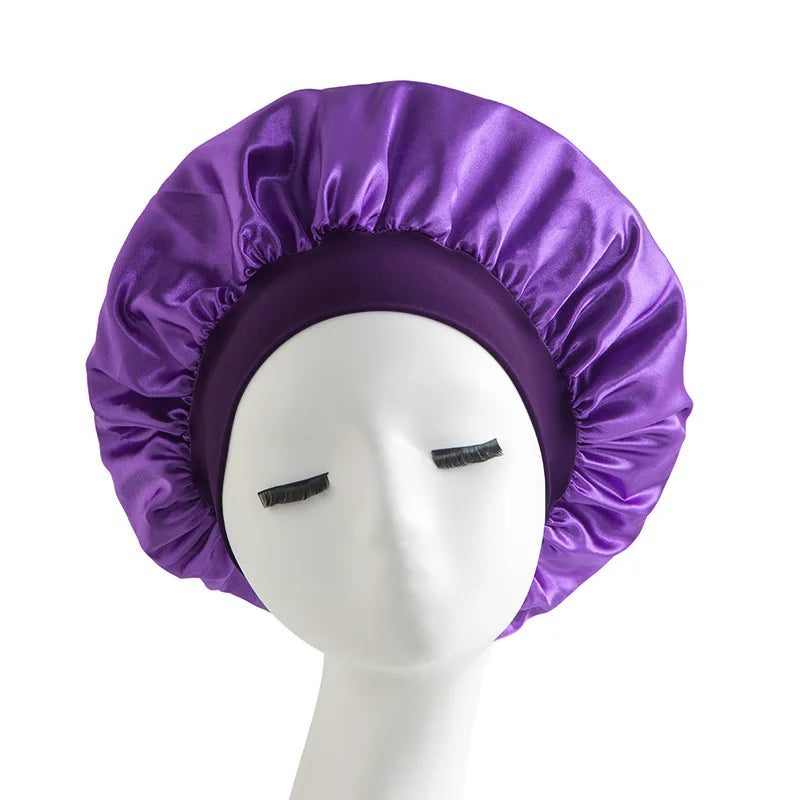Women's Satin Solid Bonnets Wide-brimmed Night Sleeping Bathing Hat Unisex Head Wrap Elastic Band Cap Hair Care Bonnet