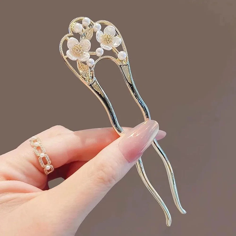 U자비녀 Pearl Flower Hairpin New Chinese Modern Simple Updo U-shaped Hairpin Hanfu Hair Accessory Hula Girl Hair Accessories 2025