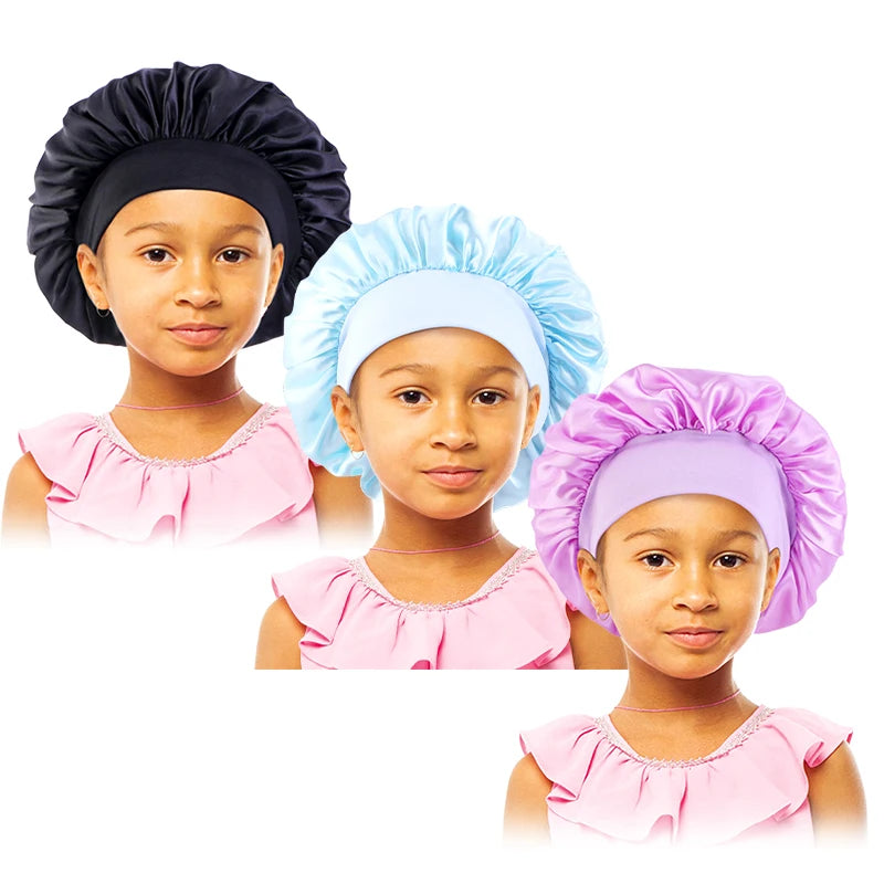 3pcs/lot Baby Stertchy Band Stain Bonnet Silk Wide Band Sleeping Cap Kids Turban Night Hat Care Beanie Silky Solid Color Turban