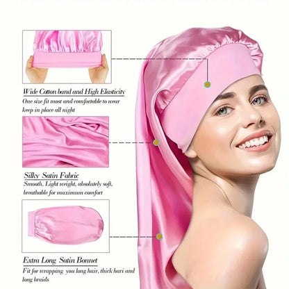 1Pc Simulated Silk Sleeping Hat Curly Hair Oversized Hat Braided Satin Hat Women's Silk Long Barrel Elastic Hairband Hat
