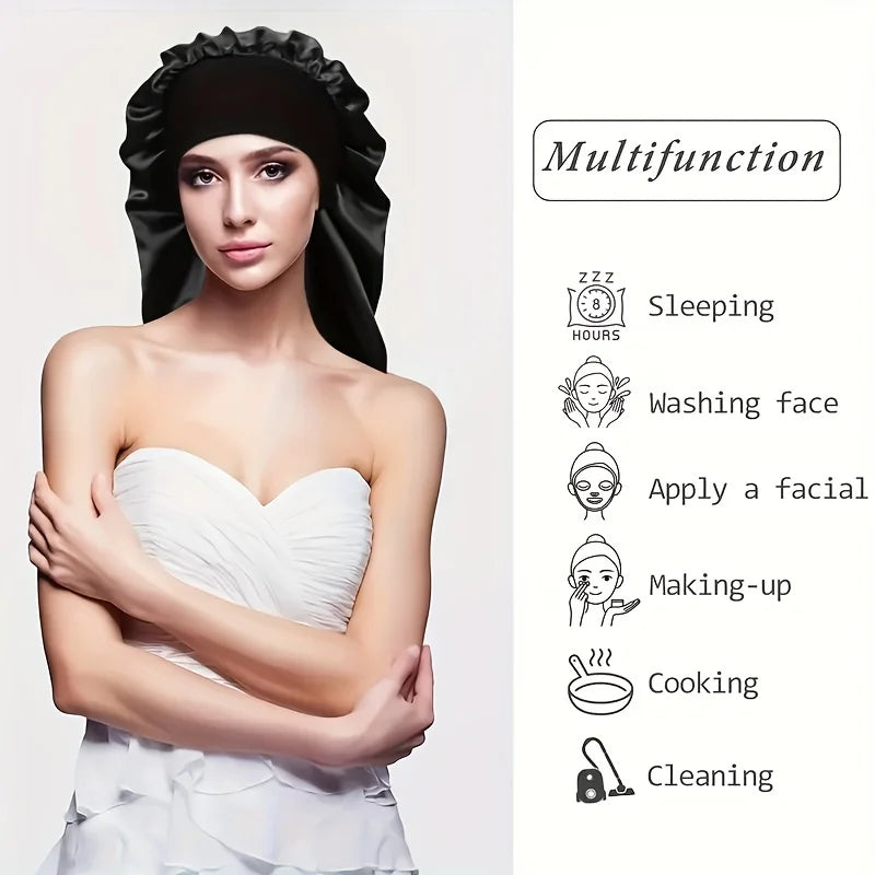 1Pc Simulated Silk Sleeping Hat Curly Hair Oversized Hat Braided Satin Hat Women's Silk Long Barrel Elastic Hairband Hat