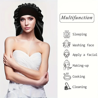 1Pc Simulated Silk Sleeping Hat Curly Hair Oversized Hat Braided Satin Hat Women's Silk Long Barrel Elastic Hairband Hat