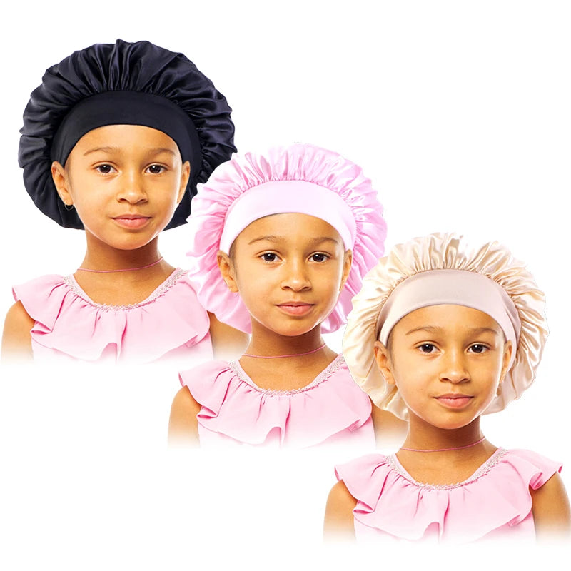 3pcs/lot Baby Stertchy Band Stain Bonnet Silk Wide Band Sleeping Cap Kids Turban Night Hat Care Beanie Silky Solid Color Turban