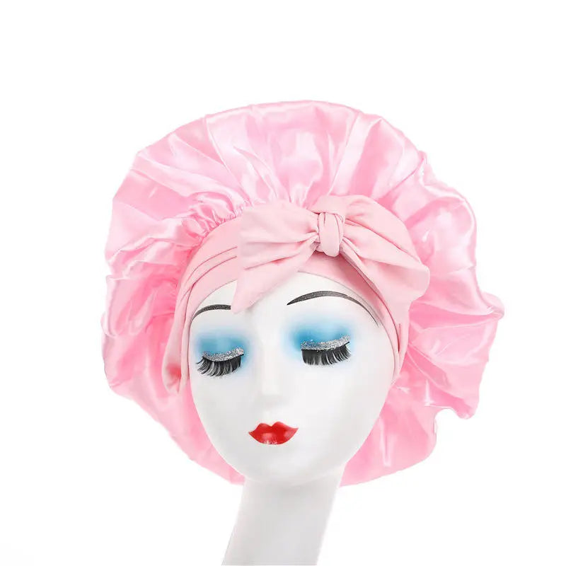 New Elegant Satin Lined Bonnet Double Layered Ribbon Round Hat Wide Brimmed Bath Hat Black Sleep Cap for Women Curly Hair