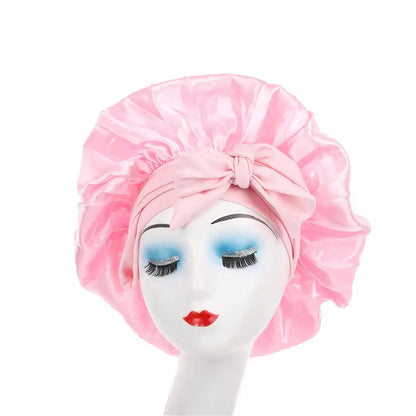 New Elegant Satin Lined Bonnet Double Layered Ribbon Round Hat Wide Brimmed Bath Hat Black Sleep Cap for Women Curly Hair