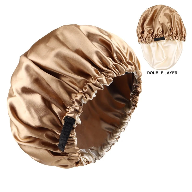 Adjustable Double Layer Satin Bonnet Nightcap Doubleside Women Round Shower Caps Night Sleep Soft Smooth Hat Solid Black Lining