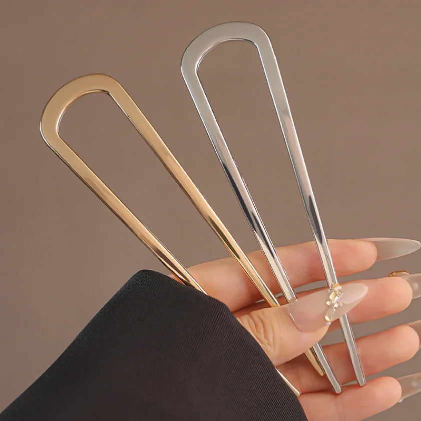 U-Shaped Hair Fork Elegant Golden Silver-color Alloy Long Thick Hair Updo Bun French Hairpin Stick Women Girls Hair Accessories