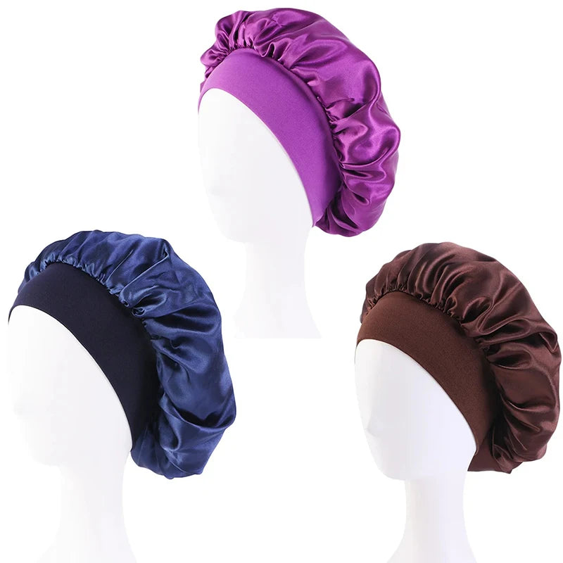 Women Satin Bonnet Hair Bonnet for Sleeping Hair Care Silk Bonnets Solid Wide-brimmed Sleeping Hat with Elastic Soft Band