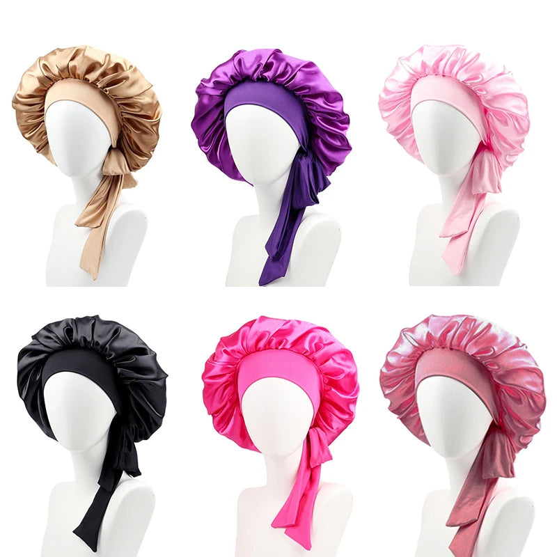 New Silk Bonnet for Sleeping Women Satin Bonnet Hair Bonnet night sleep cap scarf wrap for curly hair With Tie Band for Curly Gi