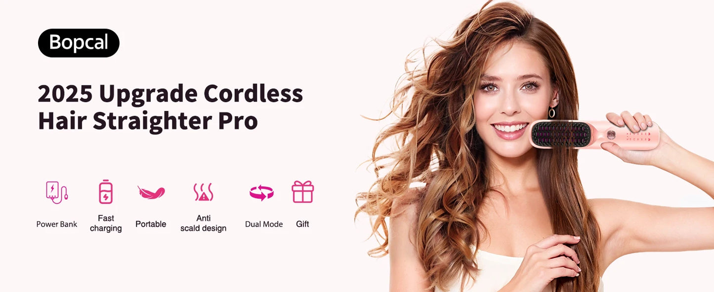 Cordless Hair Straightener Brush 450°F Adjustable Temp 30s Fast Heating 10000mAh Travel Wireless Straightening Comb Adult Kids