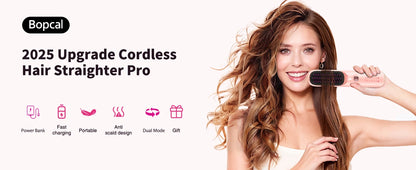 Cordless Hair Straightener Brush 450°F Adjustable Temp 30s Fast Heating 10000mAh Travel Wireless Straightening Comb Adult Kids