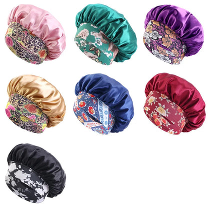 Women's Satin Solid Sleeping Hat Night Sleep Hair Care Bonnet Nightcap Silky Shower Caps Elastic Flower Print Band Unisex Cap