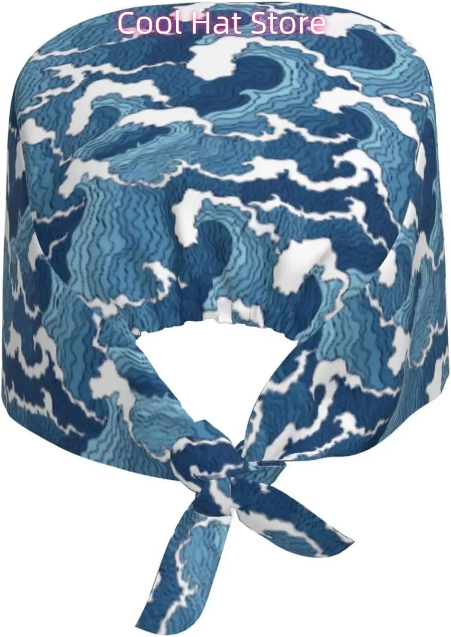 Japanese Wave Working Cap Scrub Cap with Sweatband Adjustable Unisex Women Tie Back Hat Nurse  Caps