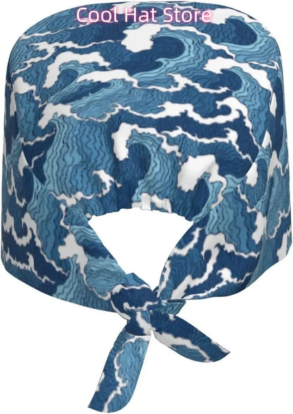 Japanese Wave Working Cap Scrub Cap with Sweatband Adjustable Unisex Women Tie Back Hat Nurse  Caps