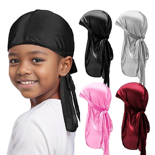 ZZ Silky Durag For Kids Boys Adult Long Tailed Pirate Hat Hip-Hop Bandanas Doo Rag Turban Waves Cap Headwear Pre-Tied Headwrap
