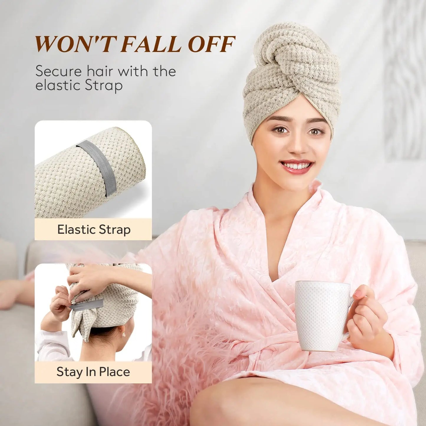 Microfiber Hair Towel Extra Large Wrap Quick Dry Hair Towel Wrap With Elastic Band , Ultra Absorbent Soft Hair Towel Wrap Turban