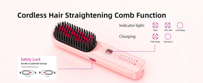Cordless Hair Straightener Brush 450°F Adjustable Temp 30s Fast Heating 10000mAh Travel Wireless Straightening Comb Adult Kids