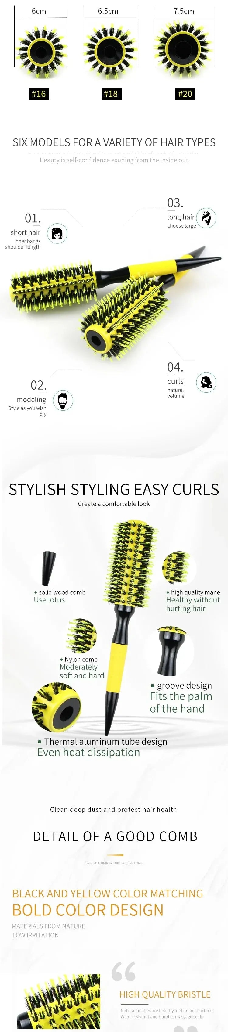 In Stock Yellow Aluminum Tube Bristle Nylon Needle Hair Curling Comb Cross-Border Foreign Trade New Pointed Tail Roller Comb Bra