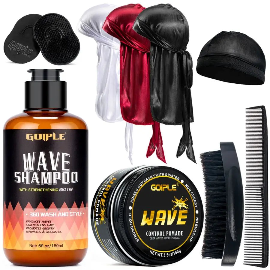 Wave Pomade 360 Wash Shampoo Kit for Men Black Strong Hold Deep Sport Waves Training Hair Cream Wavy Layered Control Silky Shine