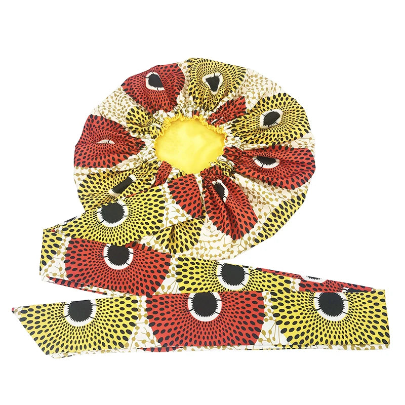 Elastic Band Large Satin Bonnet Sleeping Cap Women African Pattern Ankara Print Hat Adjustable Night Sleep Cap Soft Headcover