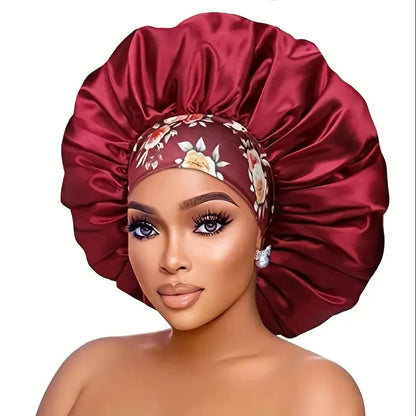 Women Extra Large Silky Satin Hair Bonnet Thick Hair Sleep Cap Elastic Band Beanie African Headwrap Flower Turban Chemo Caps