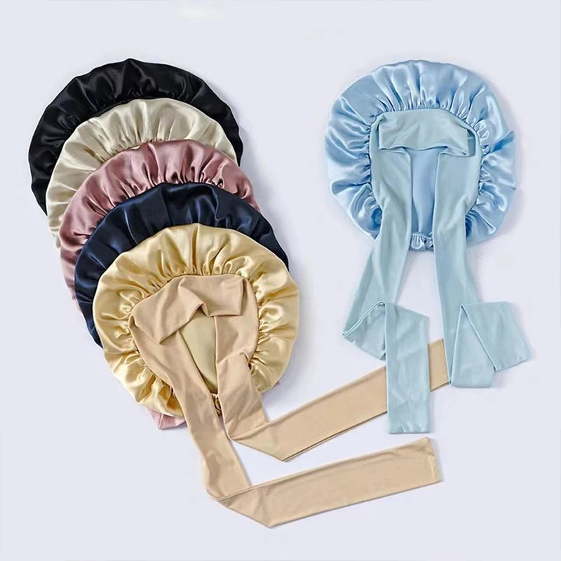 New Silk Bonnet for Sleeping Women Satin Bonnet Hair Bonnet night sleep cap scarf wrap for curly hair With Tie Band for Curly Gi