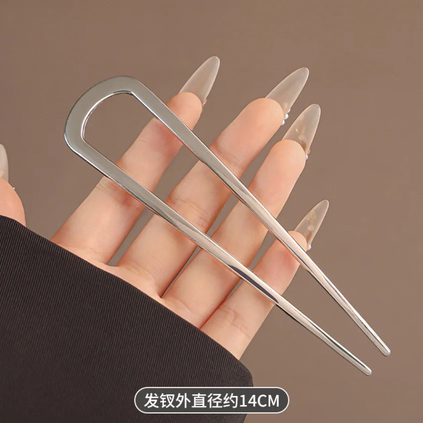 U-Shaped Hair Fork Elegant Golden Silver-color Alloy Long Thick Hair Updo Bun French Hairpin Stick Women Girls Hair Accessories